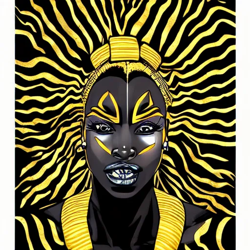 Image similar to black woman, afrofuturist, cell shaded, comic book style art, gold jewelry, face paint