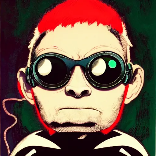 Image similar to close up portrait of a cyberpunk goth guy wearing goggles and eccentric jewelry, by jamie hewlett, jamie hewlett art,