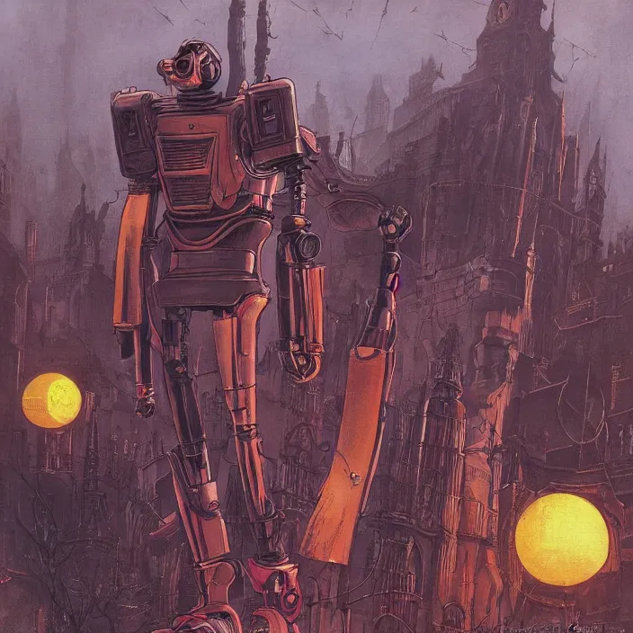 Image similar to a retrofuturism robot hunter from bloodborne in yharnam, style by retrofuturism, faded red and yelow, by malcolm smith, old comics in city, nicholas roerich, katinka reinke