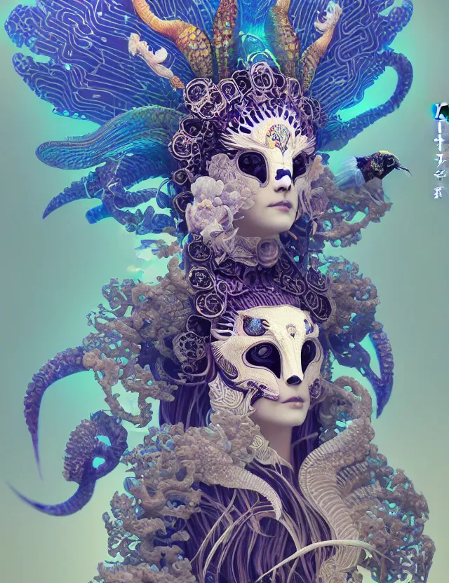 Image similar to 3 d goddess close - up profile solarpunk portrait ram skull. beautiful intricately detailed japanese crow kitsune mask and clasical japanese kimono. betta fish, jellyfish phoenix, bio luminescent, plasma, ice, water, wind, creature, artwork by tooth wu and wlop and beeple and greg rutkowski