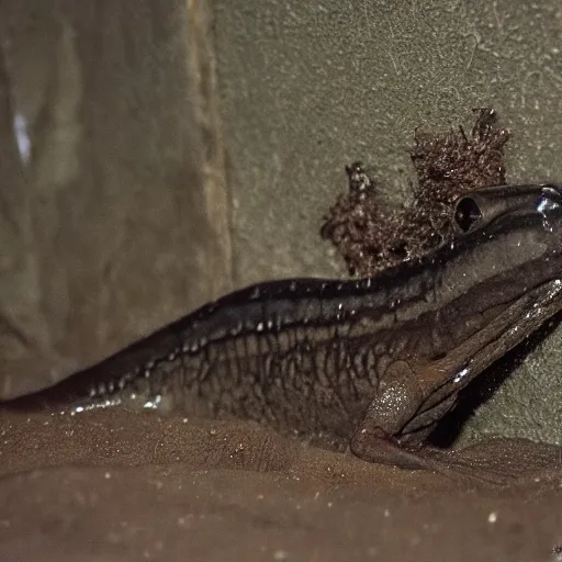 Prompt: grainy photo of a mudskipper as a creepy monster in a closet, harsh flash