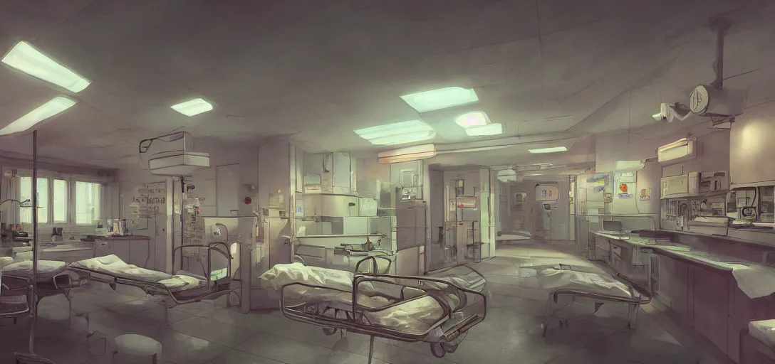 Image similar to retro hospital concept art, 8 k photorealistic, hd, high details, trending on artstation