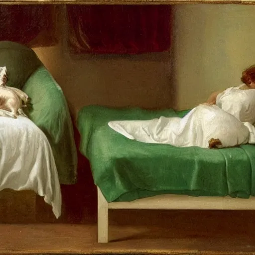 Prompt: two women sleeping in a white bed with green bedsheets in a room with light green walls, two women try to sleep while an anxious chihuahua looms above them, detailed oil painting