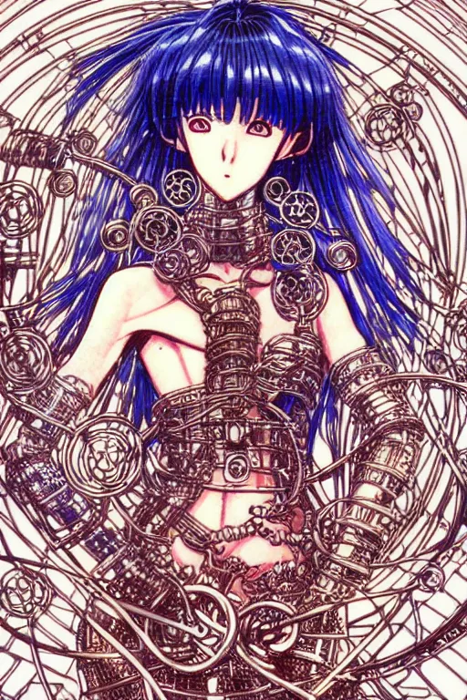 Image similar to illustration of an anime thief character with many metal objects spinning around them, intricate linework, in the style of moebius, ayami kojima, 1 9 9 0's anime, retro fantasy