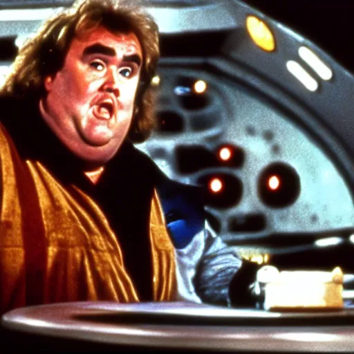 Prompt: John Candy in a dog suit dressed as Barf from Spaceballs sits next to Han Solo in the Millenium Falcon, movie still ftom Star Wars (1977)