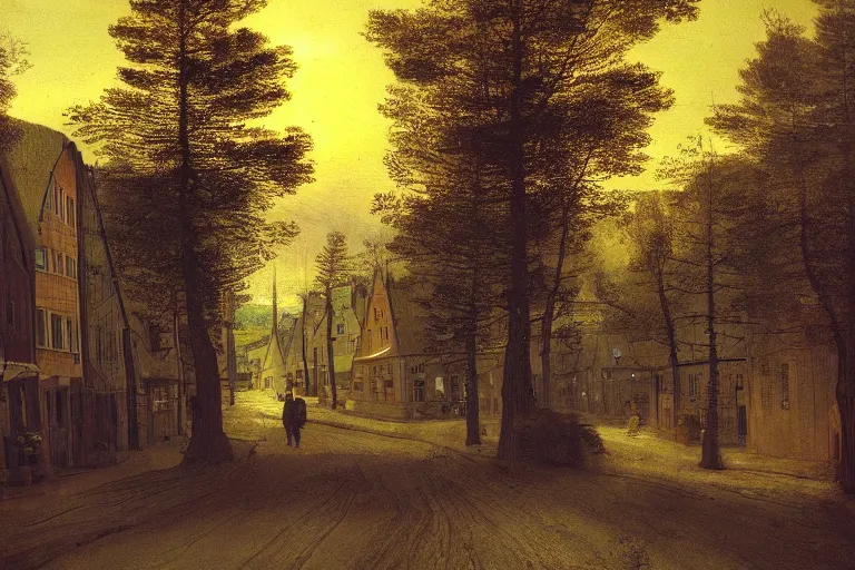 Prompt: pine tree-lined street at evening in a very beautiful Norwegian city in spring by Rembrandt, colorful scandinavian architecture, strong dramatic cinematic lighting, lost civilizations, smooth, sharp focus, extremely detailed