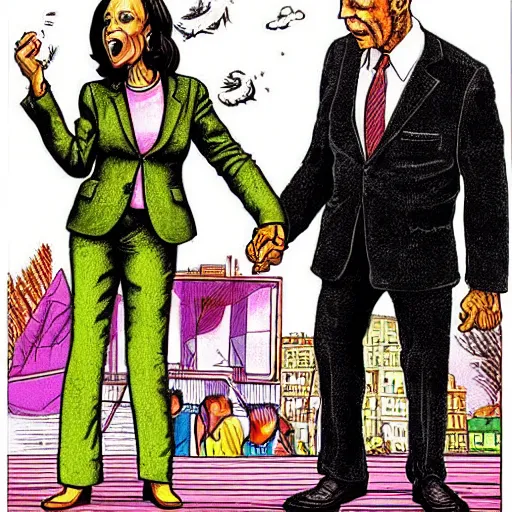 Image similar to The Artwork of R. Crumb and his Cheap Suit - Joe Biden and Kamala Harris, pencil and colored marker artwork, trailer-trash lifestyle