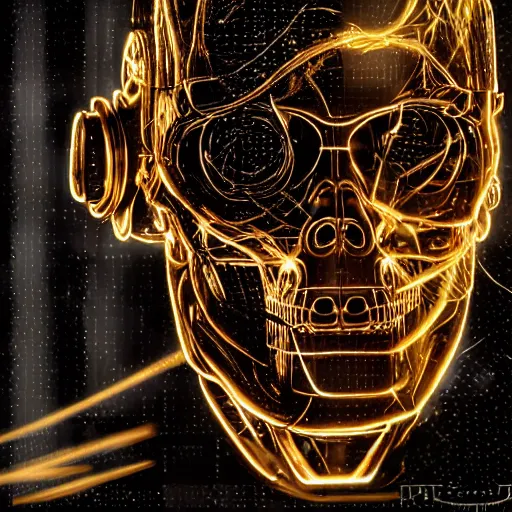 Image similar to extremely detailed portrait of a terminator's head, packed with cybernetics and and borg enhancements and has lit optic fibers inside. In a forest with bokeh. No plating.