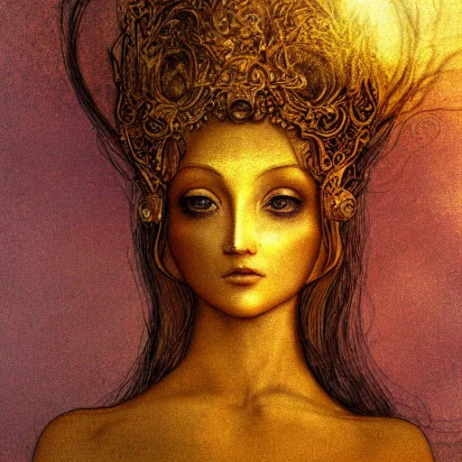 Prompt: brass woman, golden hour, illustration by Brian Froud and John Bauer, finger blend shading, vibrant, ethereal glow