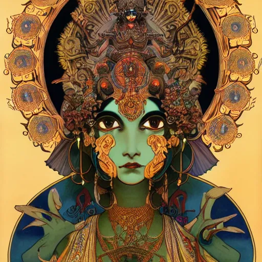 Image similar to dark Hindu deity, symmetric, with 6 arms, ultra realistic, fantasy, intricate, by alphonse mucha and ghibli style, trending on artstation