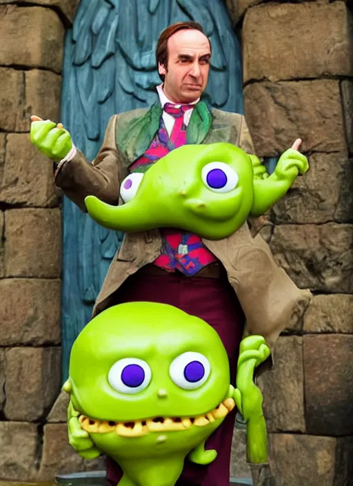 Image similar to saul goodman and a slime from dragon quest in a hogwarts bastions, goodman, slime, real life photo