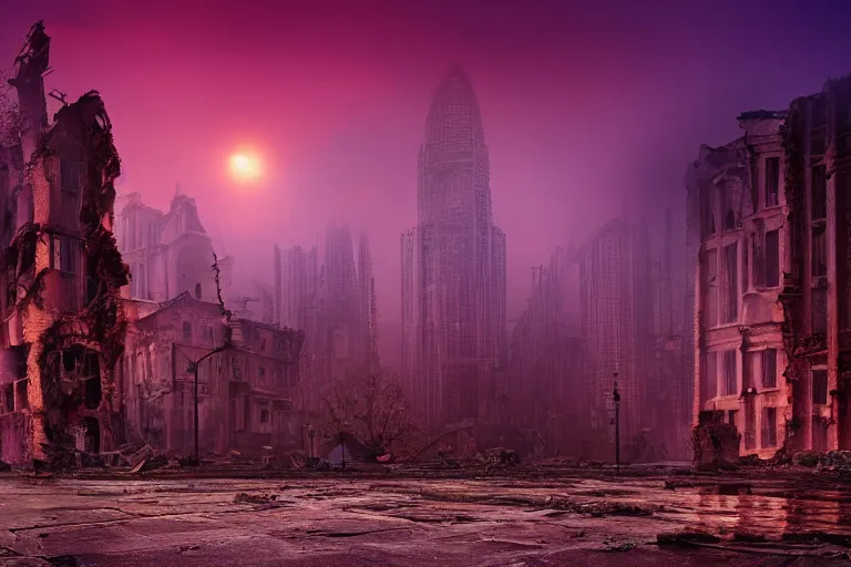 Image similar to Stunning photorealistic background of a city in ruin in a strange purple dimension with a large red sun looming in the distance on a rainy and foggy day, A large tower stands in the center of the crumbling buildings, parallax background