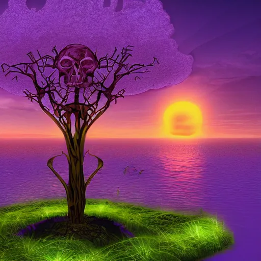 Prompt: a purple glowing tree on a floating island surrounded by ghosts, sunset, skulls