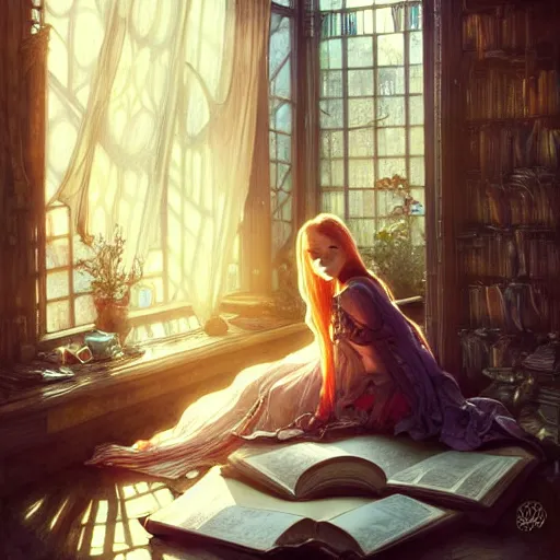 Image similar to Portrait of a girl in cluttered windowed study, reading a book while light streams in through the skylight, her pet fox sleeping beside her, fantasy, intricate, elegant, highly detailed, digital painting, artstation, concept art, smooth, sharp focus, illustration, art by Krenz Cushart and Artem Demura and alphonse mucha