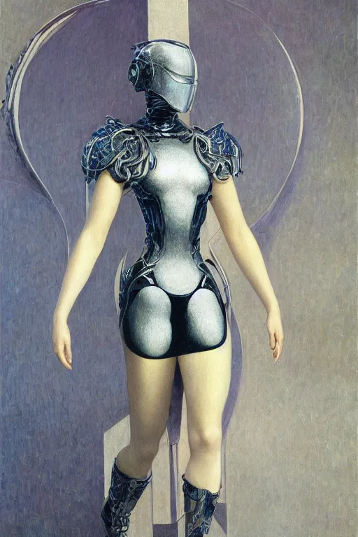 Image similar to full body portrait of beautiful gothic and futuristic fashion model, intriguing space armour, cyber armour, highly detailed, artstation, illustration, composition, 8 k quality, art by jean delville, rene magritte, hyperrealism oil painting