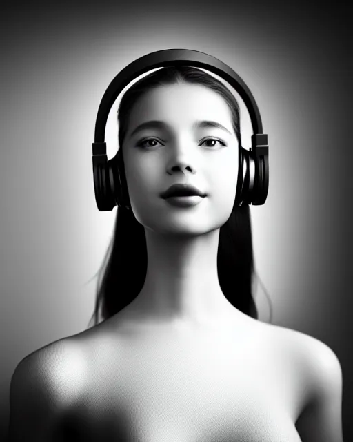 Image similar to black and white dreamy young beautiful female artificial intelligence with a techno headset crown from the future, cinematic, rim light, bokeh, photo - realistic, elegant, high detail, 8 k, masterpiece, photo taken in 1 9 3 0