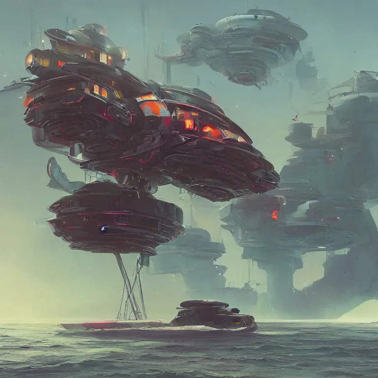 Prompt: mechanized hermit crab ship, sci-fi concept art, by John Harris, by Simon Stålenhag, highly detailed, award winning