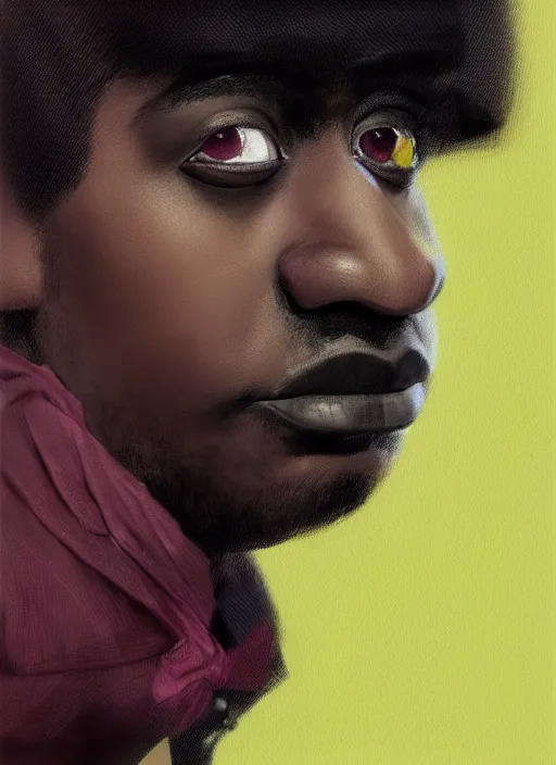 Image similar to portrait of a wide faced black man with a crooked nose and a confident expression, 1 9 6 0 s, black clothes, goth, punk, brightly coloured hair, funk, intricate, elegant, highly detailed, digital painting, artstation, concept art, smooth, sharp focus, illustration, art by wlop, mars ravelo and greg rutkowski