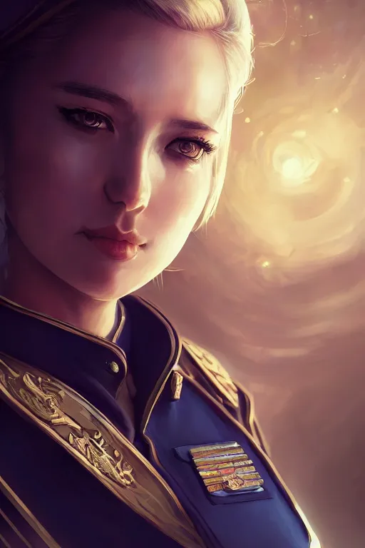 Image similar to beautiful portrait of a female officer wearing a fancy naval uniform, art by wlop and artgerm, science fiction, intricate detail, blonde hair, space background, trending on artstation, sharp focus, illustration, caustics, octane render, radiant light, 4 k