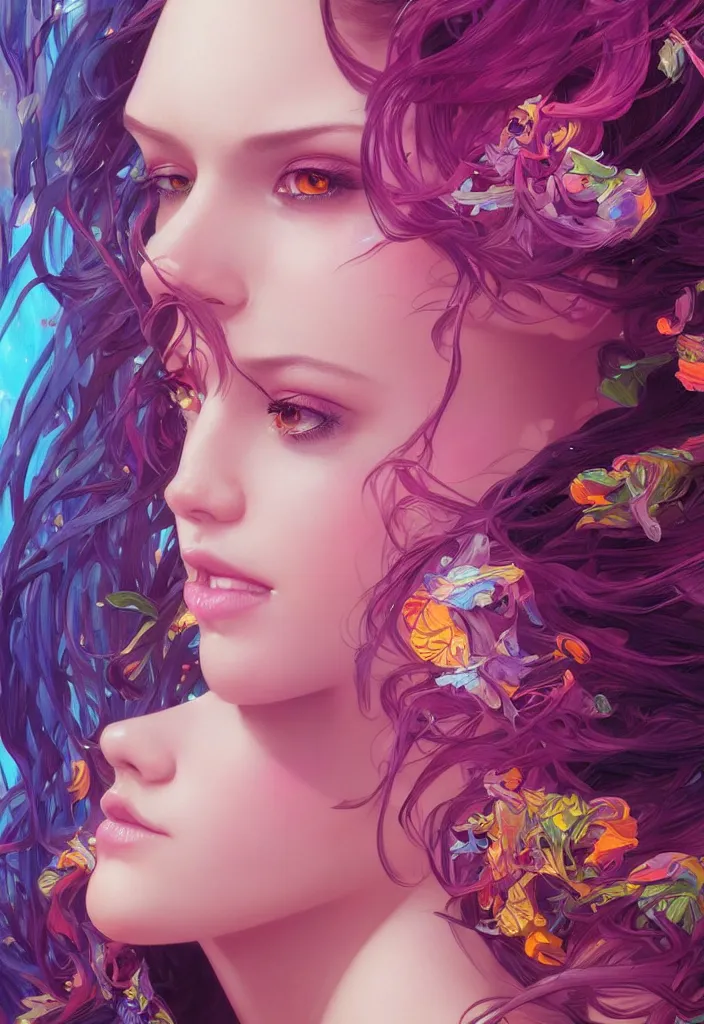 Image similar to beautiful, young woman, detailed gorgeous face, vaporwave aesthetic, synthwave, colorful, psychedelic, artstation, concept art, smooth, extremely sharp detail, finely tuned detail, ultra high definition, 8 k, unreal engine 5, ultra sharp focus, illustration, art by artgerm, greg rutkowski and alphonse mucha