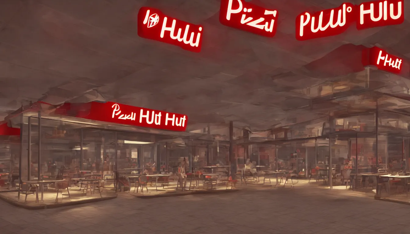 Image similar to futuristic Pizza Hut at night, photorealistic, cinematic, trending on artstation