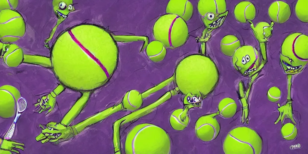 Image similar to tennis ball monsters playing on a tennis court, tennis court, purple, digital art, fantasy, magic, chalk, chalked, trending on artstation, ultra detailed, detailed, fine details, professional illustration by basil gogos