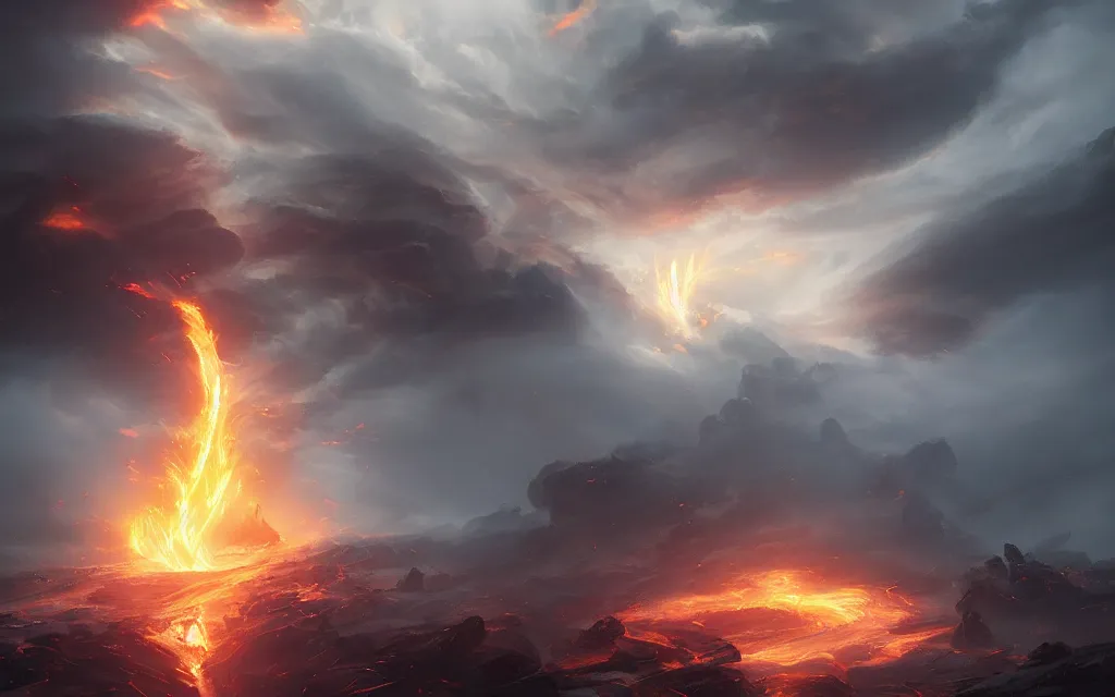 Image similar to flame vortex, phoenix, epic, immortality, divine, epic, shocking atmosphere, cinematic compositionsea, cloud, by greg rutkowski and richard lay, in volumetric lighting, trending on artstation, hd