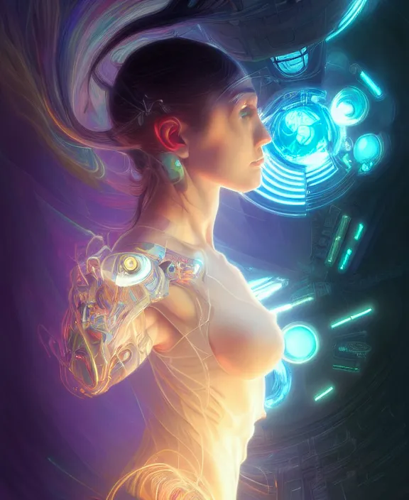 Image similar to a whirlwind of souls rushing inside the metaverse, hologram, half body, neurochip, shaved temple, piercing, jewelry, android, cyborg, cyberpunk face, by loish, d & d, fantasy, intricate, elegant, highly detailed, colorful, digital painting, artstation, concept art, art by artgerm and greg rutkowski and alphonse mucha