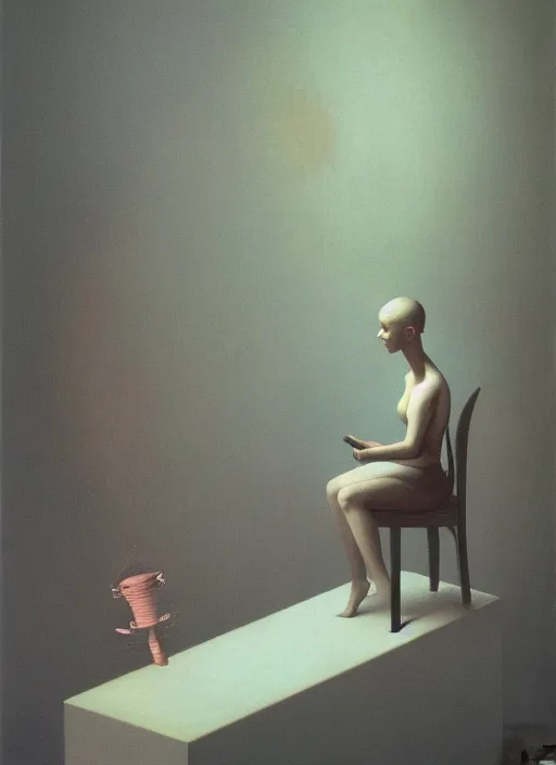 Image similar to She is overwhelmed by on demand creativity she searches for meaning as the world changes too fast to think, Edward Hopper and James Gilleard, Zdzislaw Beksinski, Mark Ryden, Wolfgang Lettl highly detailed