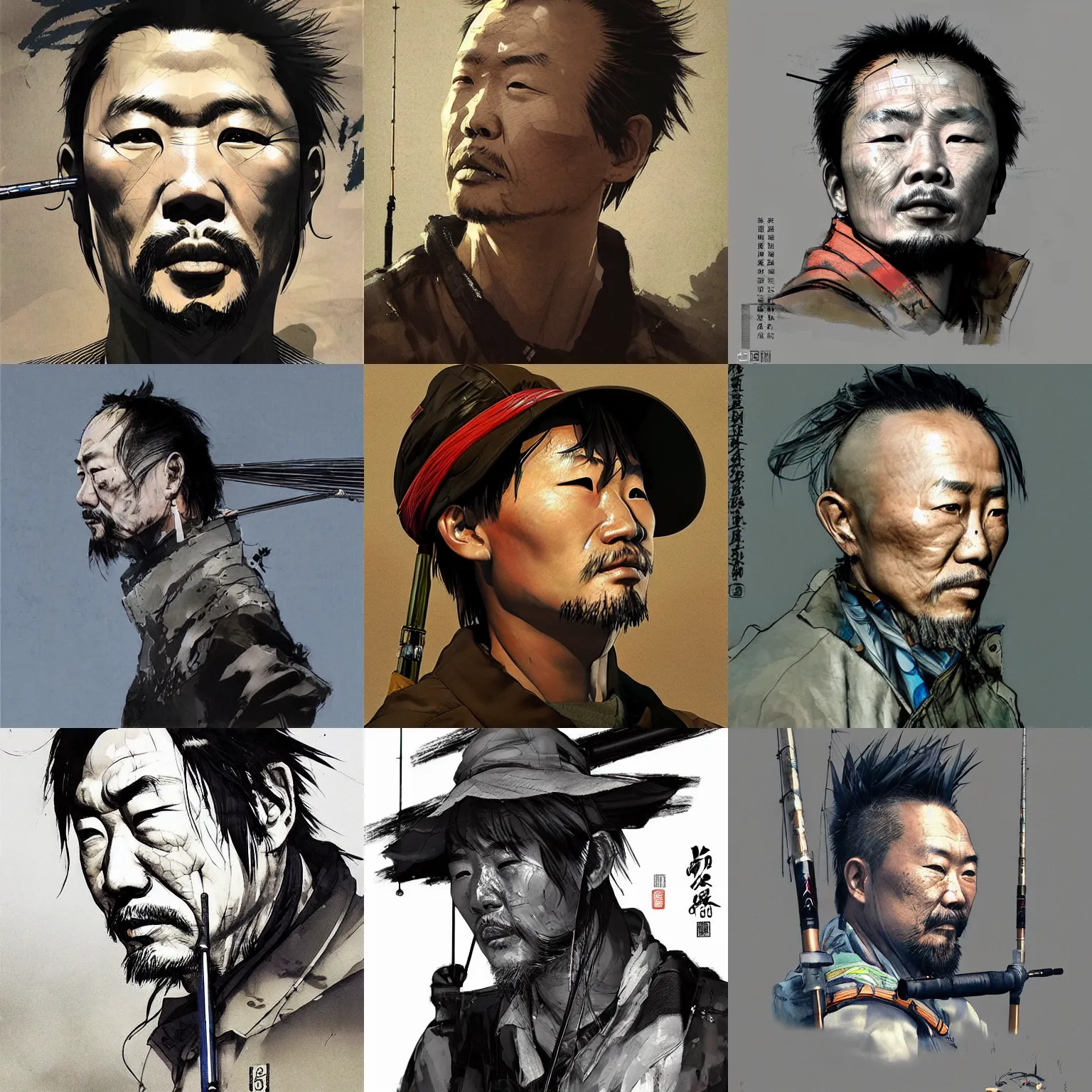 Prompt: a beautiful side portrait of a chinese fisherman. he carries an intimidating fishing rod. art by yoji shinkawa and sandra chevrier, trending on artstation, award - winning, perfect composition.