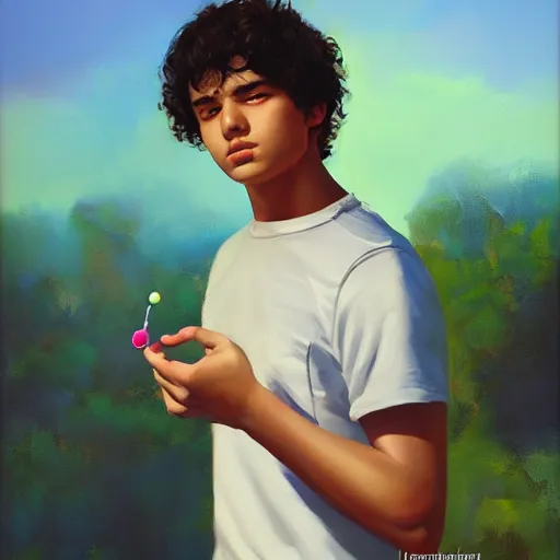 Prompt: oil painting by ilya kuvshinov,, baugh casey, rhads, coby whitmore, of a youthful persian - indian college student, male, curly black hair, holding lolipop, outdoors, highly detailed, breathtaking face, studio photography, dawn, intense subsurface scattering, blush, supple look, innocence, intense sunlight
