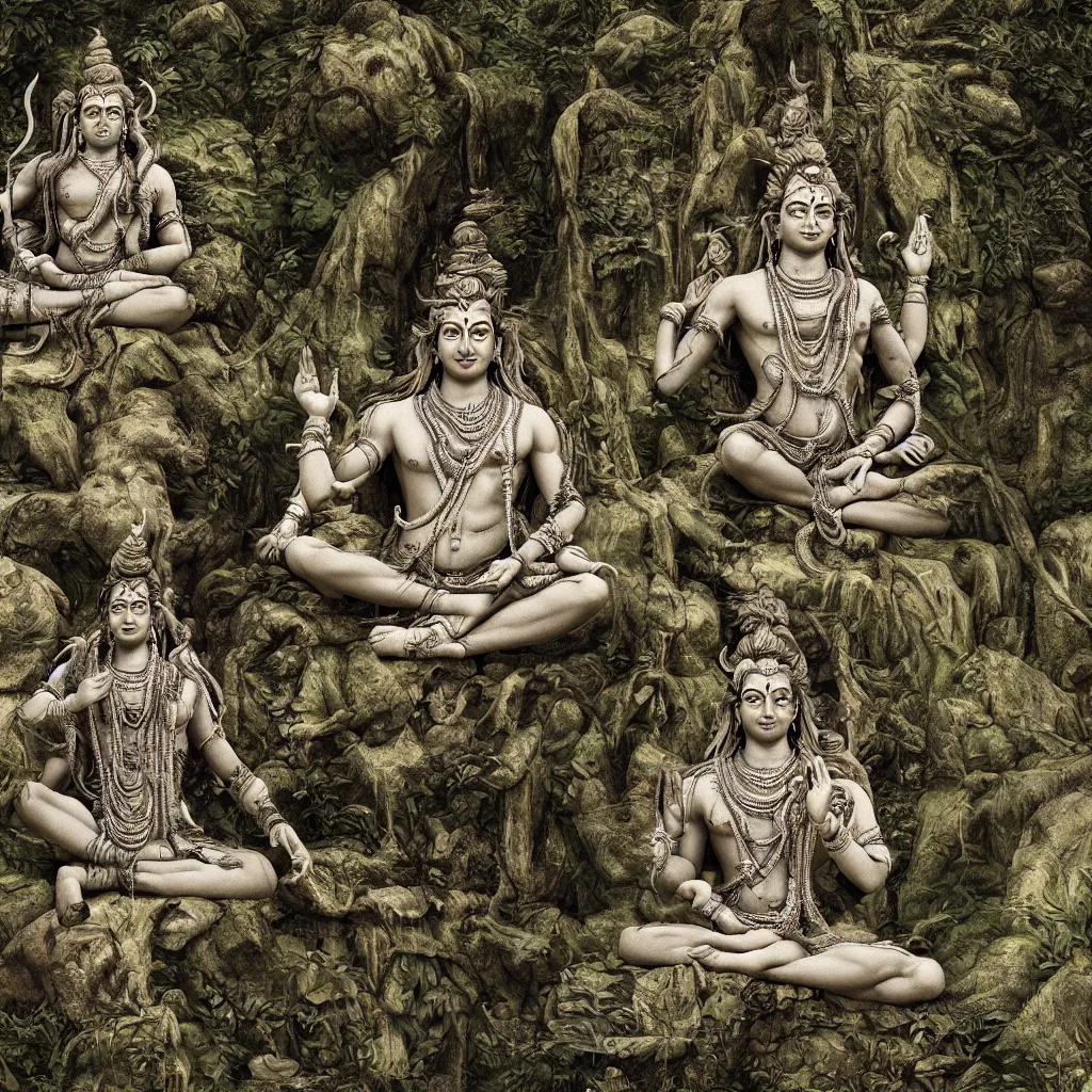 Image similar to lord shiva, meditating, fine details, jungle, perfect faces, photorealism, octane render, subtle shadows, hyper detailed