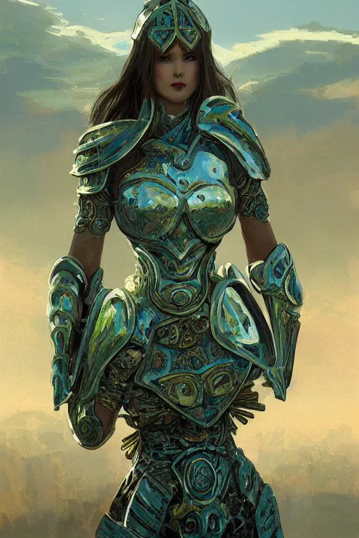 Image similar to portrait knights of Zodiac girl, metalic green and white reflected armor, in ruined Agora of Athens sunrise, ssci-fi, fantasy, intricate, very very beautiful, elegant, golden light, highly detailed, digital painting, artstation, concept art, smooth, sharp focus, illustration, art by tian zi and WLOP and alphonse mucha