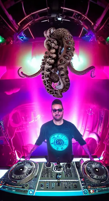 Image similar to award winning photo of an octopus! as a dj with tentacles! simultaneously placed turntables cdjs and knobs of a pioneer dj mixer. sharp, blue and fuschia colorful lighting, in front of a large crowd, studio, medium format, 8 k detail, volumetric lighting, wide angle, at an outdoor psytrance festival main stage at night