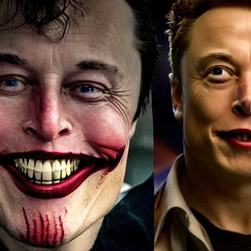 Image similar to elon musk as joker, still from batman the dark knight rises, highly detailed face, natural lighting