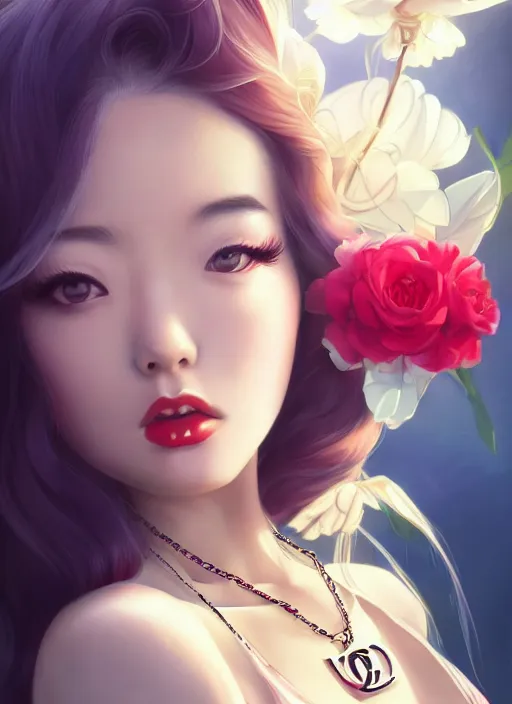 Image similar to a pin up and beautiful fashion dreamlke japan girl with lv jewelry, character art, art by artgerm, wlop, loish, hyperdetailed, 8 k realistic, symmetrical, global illumination, radiant light, frostbite 3 engine, cryengine, dof, trending on artstation, digital art, chanel, dior, detailed background