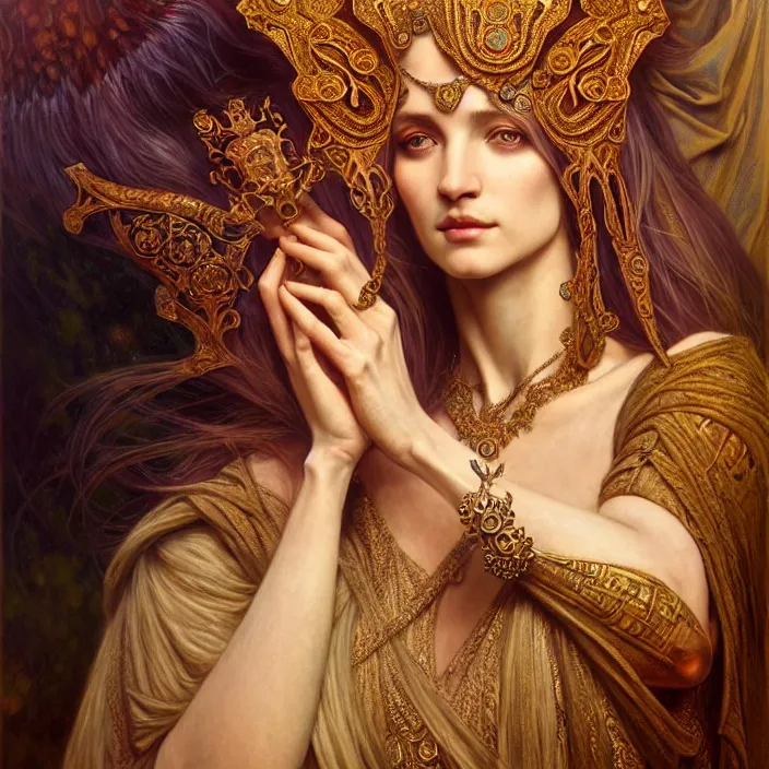 Prompt: ancient queen hulya avsar, symetrical, diffuse lighting, fantasy, intricate, elegant, highly detailed, lifelike, photorealistic, digital painting, artstation, illustration, concept art, 4 k, smooth, sharp focus, art by john collier and albert aublet and krenz cushart and artem demura and alphonse mucha