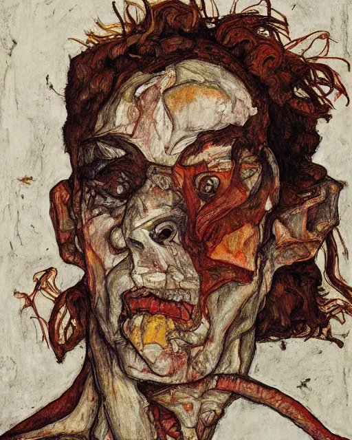 Image similar to portrait of a tyrannosaurus by egon schiele in the style of greg rutkowski