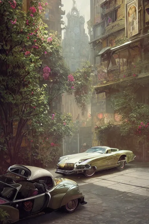 Image similar to ultra realistic illustration, old vintage car in the city with flowers blooming out the window, elegant, highly detailed, digital painting, concept art, smooth, sharp focus, illustration, art by greg rutkowski and alphonse mucha