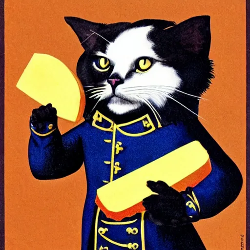 Prompt: a propaganda poster depicting a realistic looking cat dressed as french emperor napoleon holding a piece of cheese