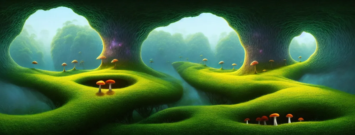 Image similar to gediminas pranckevicius holes everywhere, beautiful and stunning professional digital artwork of a glowing mushroom cave, haze, spores floating in the air, vines, water, volumetric lighting, hyperrealistic, rtx on, ultra detail, barlowe wayne, maxfield parrish and marco mazzoni, miniature | no signature!