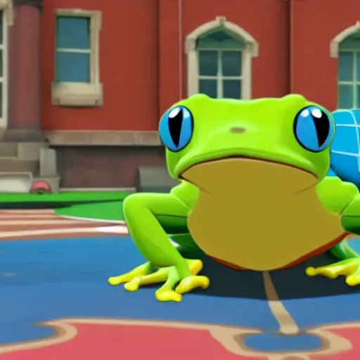 Image similar to frog pokemon trainer, wes anderson, screenshot from pokemon sword and shield