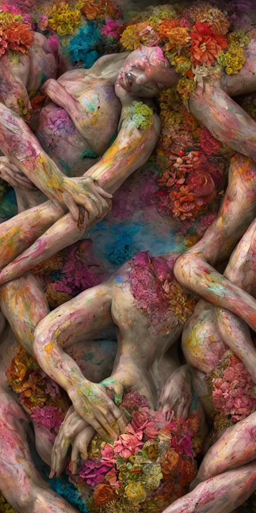 Image similar to closeup photograph of a surrealist sculpture human bodies intertwined, a lovely cornucopia of flowers and human body parts, body parts, paint pour, swirling paint, muted color palette, earth tone colors, skin tones, highly detailed, octane render, cinematic