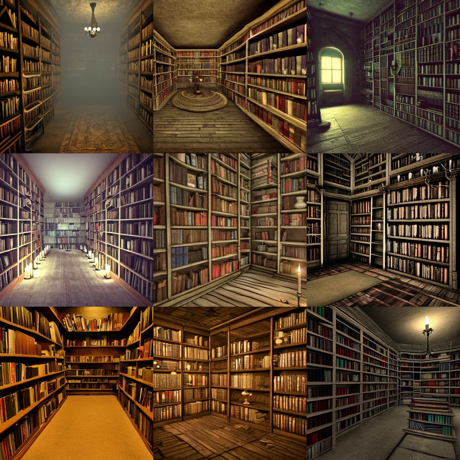 Prompt: room with many shelves filled with books, creepy, gloom, dark, oppressive, shadows, candles, crypt, Unreal Engine