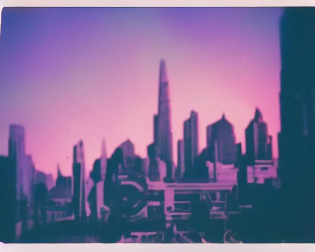 Prompt: futuristic city, violet and yellow sunset, polaroid photo, whimsical and psychedelic, 1 9 6 0 s, grainy, expired film, glitched