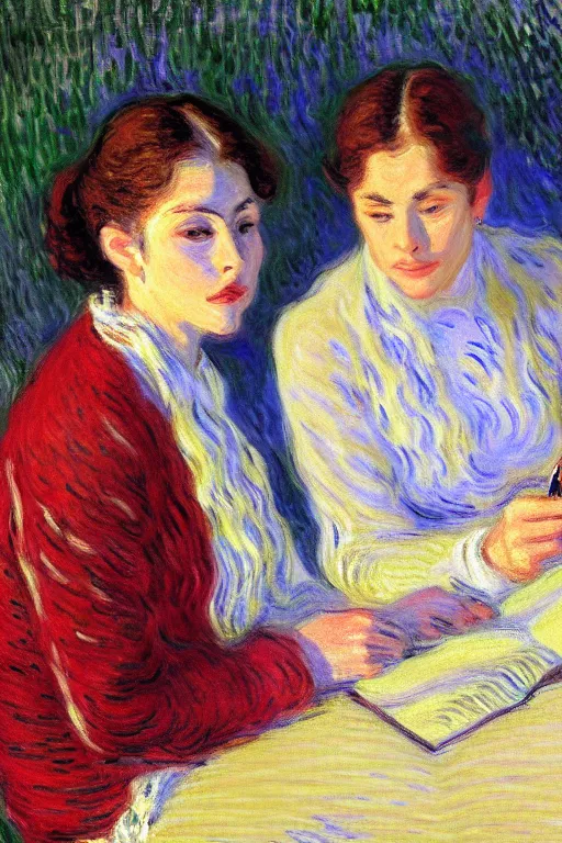 Prompt: portrait of two wise and very beautiful women reviewing some texts, art by monet, intricate, elegant, highly detailed, smooth, sharp focus, artstation