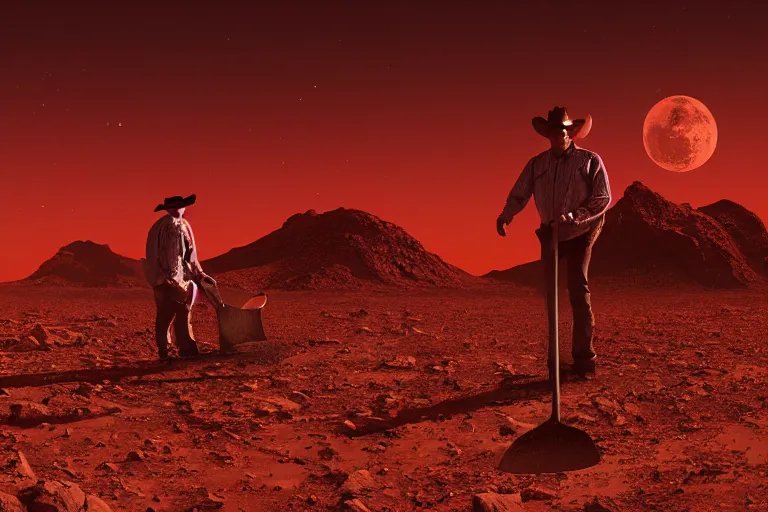 Prompt: wide shot of an old western cowboy digging with a shovel on mars, distant background, red lighting, ominous, gloomy, moonlight, bokeh, depth of field, synthwave, psychedelic, glitch, acrylic, flooko, detailed, cybernetic, sci-fi, glows,