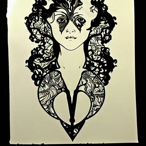 Prompt: one big inkblot on the paper, rorschach test, symmetrical, lightly styled to alphonse mucha