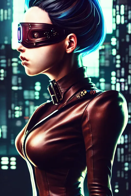 Image similar to hyperdetailed close portrait of a european woman in a leather suit with a pin in a cyberpunk city inspired by ross tran and wlop and masamune shirow and kuvshinov, concept art, intricate, photorealistic, octane render, rtx, hdr, unreal engine, dnd digital art by artgerm