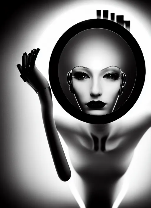 Image similar to surreal mythical dreamy dark artistic black and white fine art fashion portrait photo of a young beautiful delicate female metropolis robot kissing her mirror reflection, spiritual, halo, glory, rim light, cinematic, studio dramatic light, poetic, masterpiece, octane render, 8 k, photo - realistic by dora maar man ray